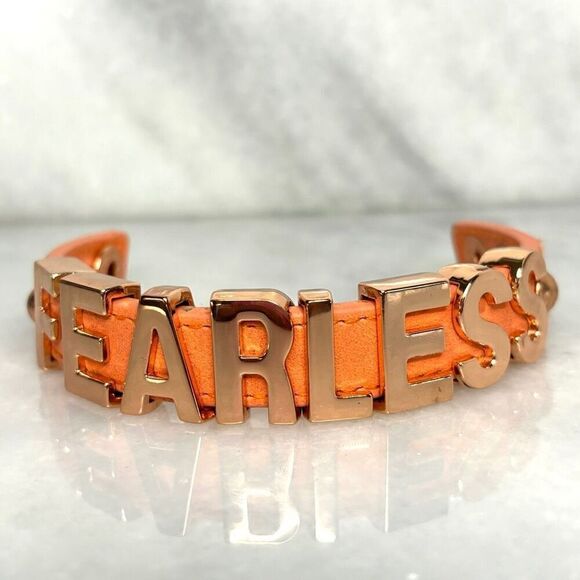 BCBGeneration FEARLESS Slide Charm Leather Snap Cuff Bracelet Orange RoseGold OS - Picture 1 of 7